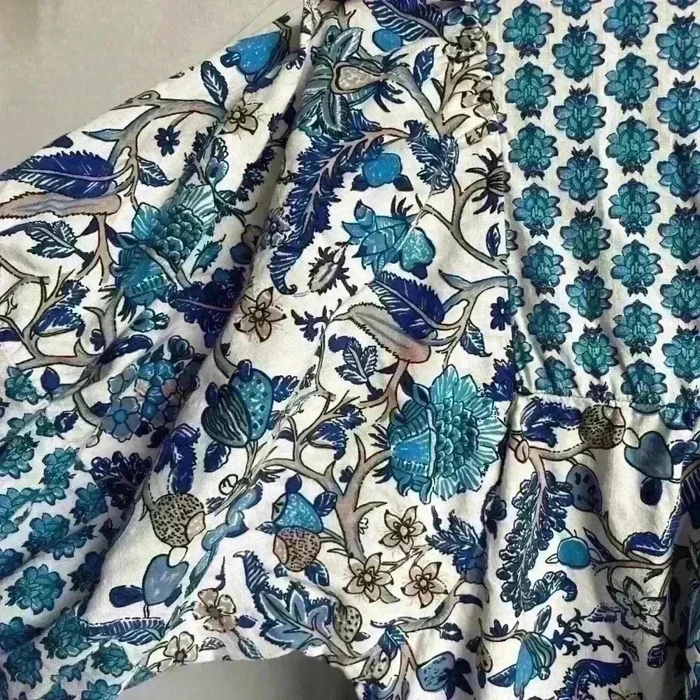KNOX ROSE dress Puff Sleeve Blue White Bohemian Floral Tassel Tie Size S - Picture 10 of 11